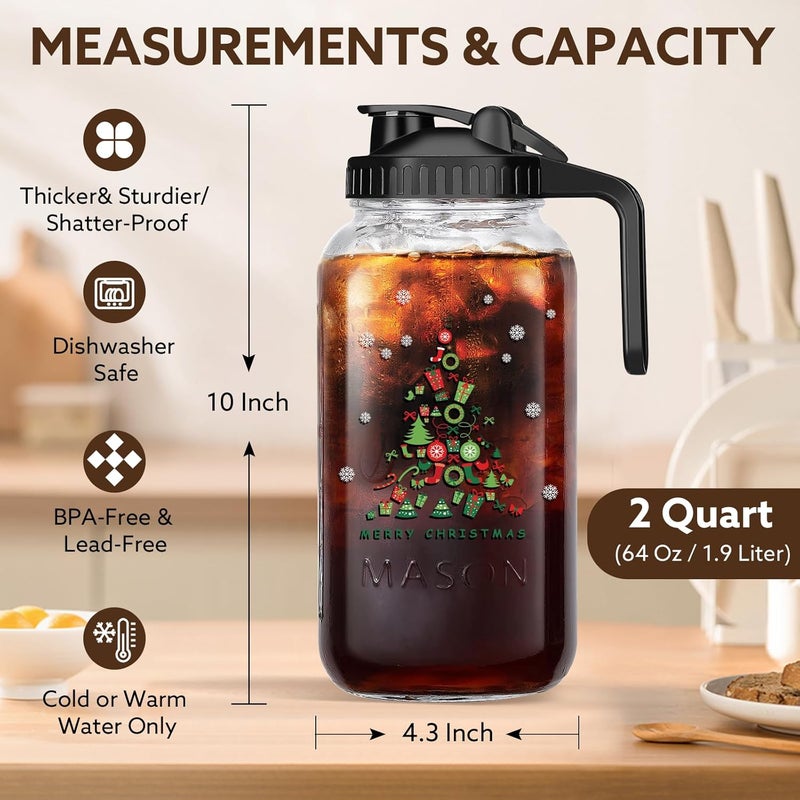 Mihlapi Christmas Gift for Mom,Mason Jar Pitcher, 64 oz Glass Milk Pitcher, Wide Mouth & Leakproof Glass Pitcher with Lid for milk, Sun Tea, Juice, Cold Brew Coffee and Drinks(Christmas tree） - Image 4